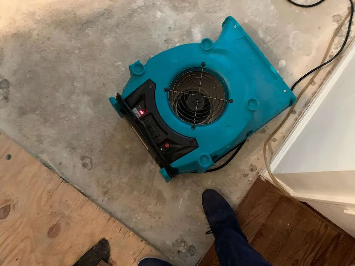 Air mover drying subfloor during Leak Detection & Repair in Milltown
